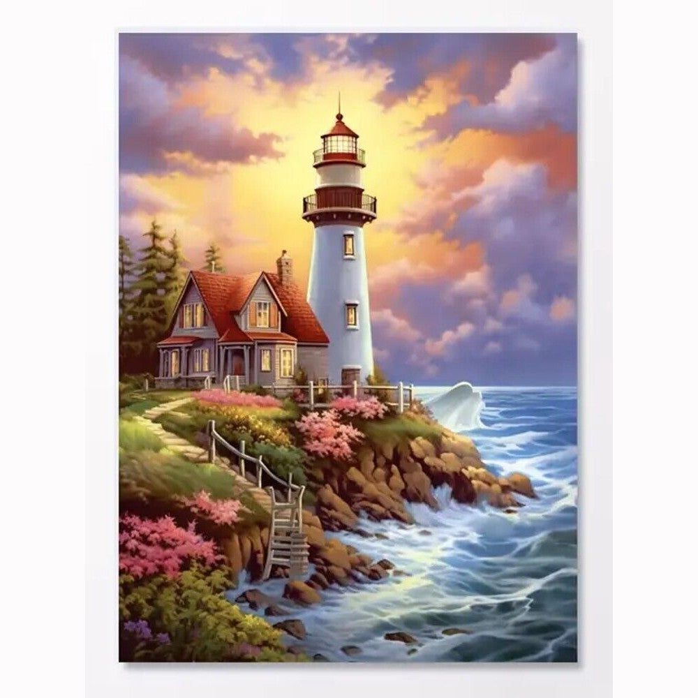 Lighthouse Overlooking The Ocean Vibrant Canvas Print Framed 12" x 16" Home & Garden:Home Décor:Posters & Prints Style Your Walls